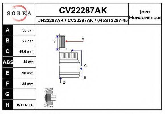 EAI CV22287AK Шарнірний комплект, приводний вал